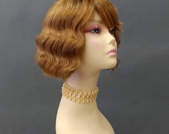 100% Human Hair Rooted Golden Copper Short Wavy Bob Wig with Bangs [Deanna-OT30]