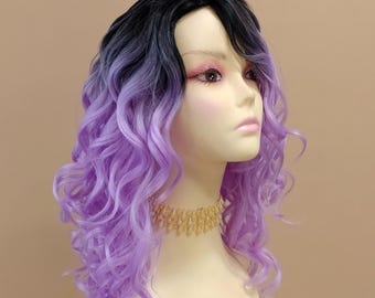 Long 18 inch Curly Light Purple Heat Resistant Wig with Dark Roots [106-502-Carrie-TT1B/LPurple]