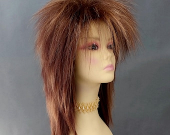 Punk Rock 80s Spiky Costume Wig Chestnut Brown and Strawberry Blonde Long Mullet Rockstar Rocker Large Size 20 Inch [Rock-33/27]
