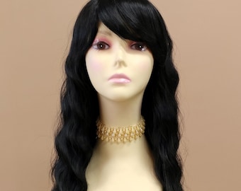 Black Long Wavy Bangs Heat Resistant Synthetic Wig 28 Inch [Myla-1B]