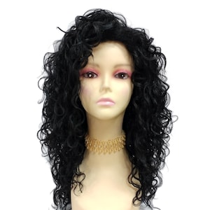 May include: A black curly wig on a mannequin head. The wig is long and has loose curls.