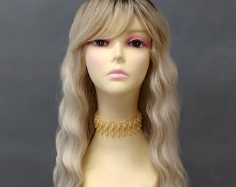 Rooted Ash Blonde Brown Long Wavy Bangs Heat Resistant Synthetic Wig 28 Inch [Myla-OT4/846]