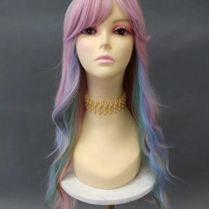 Purple Peach Blue Green Rainbow Long Wavy Bangs Heat Resistant Middle Part Costume Wig 26 Inch [Masie-SunsetSkies]
