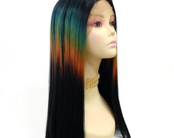 Lace Front Long Straight Galaxy Space Rainbow Middle Part Heat Resistant Wig 24 Inch [Galaxy2-SPRainbow]