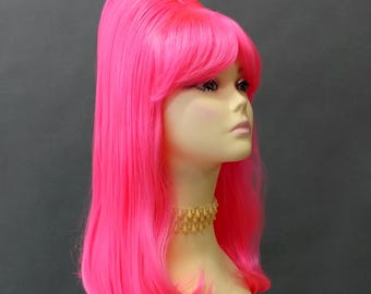 Perruque de costume de ruche droite rose vif rétro groovy des années 60 vintage mod bouffant cosplay d'halloween [StBeehive-HPink]