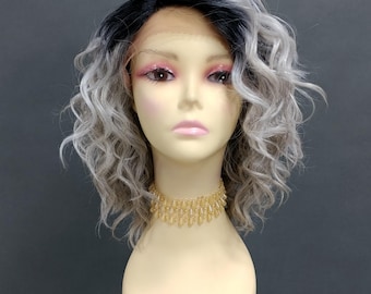 12 Inch Lace Front Light Gray and Light Brown Mix with Dark Roots Short Wavy Lob Side Part Heat Resistant Wig [43-224-Fiona-TT1B/LGray]