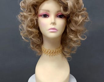 Curly Layered Medium Dirty Blonde Heat Resistant Loose Curls Synthetic Retro Costume Wig 12 Inch [Carlotta-24]