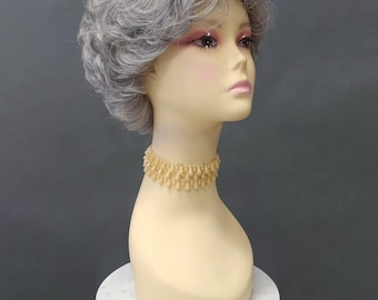 Black Gray Salt N Pepper Mix Short Wavy Tapered Bangs Synthetic Wig [Leni-51]