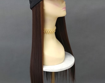 Baseball Cap Hat Wig Dark Brown and Copper Long Straight Heat Resistant Wig 22 Inch [CPAvril-4/30]