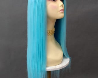 Lace Front Light Blue Long Straight Heat Resistant Wig 28 Inch [Peta-SkyBlue]