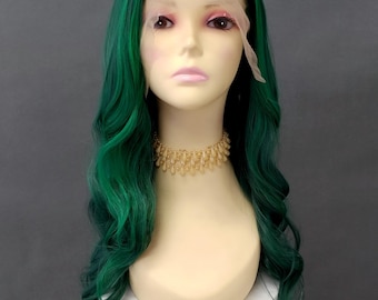 Lace Front 13x4 Dark and Light Green Long Wavy Straight Heat Resistant Free Part Wig 25 Inch [Oracle-MysticGreen]