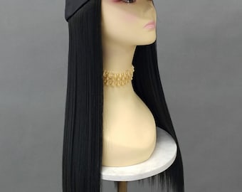 Baseball Cap Hat Wig Off Black Long Straight Heat Resistant Wig 22 Inch [CPAvril-1B]