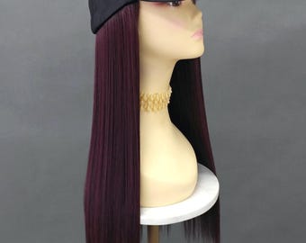 Baseball Cap Hat Wig Burgundy Wine Long Straight Heat Resistant Wig 22 Inch [CPAvril-99J]