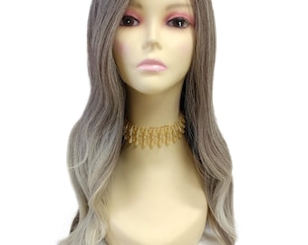 Ash Brown and Blonde Textured Long Straight Wavy Heat Resistant Side Part Wig 25 Inch [Evia-T6/613]