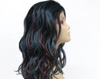 Long 20 inch Lace Front Dark Roots with Purple Blue Green Toned Oil Slick Streaks Wavy Heat Resistant Wig [136-659-Dharma-TTPB/Green]