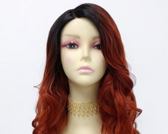 19 Inch Long Wavy Deep Lace Front Dark Auburn With Copper  display picture 2