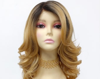 22 Inches Deep Lace Front Butterscotch and Gold Blonde Mix with Dark Roots Long Wavy Heat Safe Free Part Wig [Seraphina-TT4-24BS]