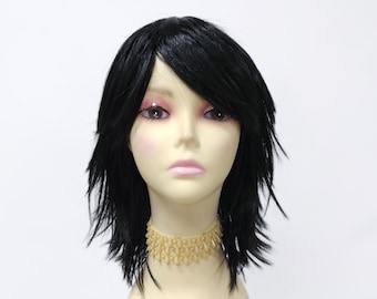 12 inch Off Black Shag Style Wig. Straight and Layered with Bangs. Anime Cosplay Wig [12-74-Cosmic-1B]