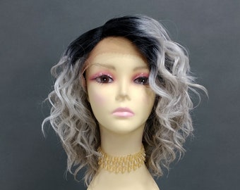 12 Inch Lace Front Light Gray and Light Brown Mix with Dark Roots Short Wavy Lob Side Part Heat Resistant Wig [43-224-Fiona-TT1B/LGray]