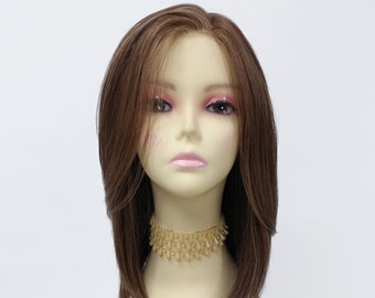 Premium 100% Remy Human Hair Lace Front 16 in Light Brown with Blonde Highlights Monotop Free Part Long Straight Wig [116-541B-Chloe-12/16]