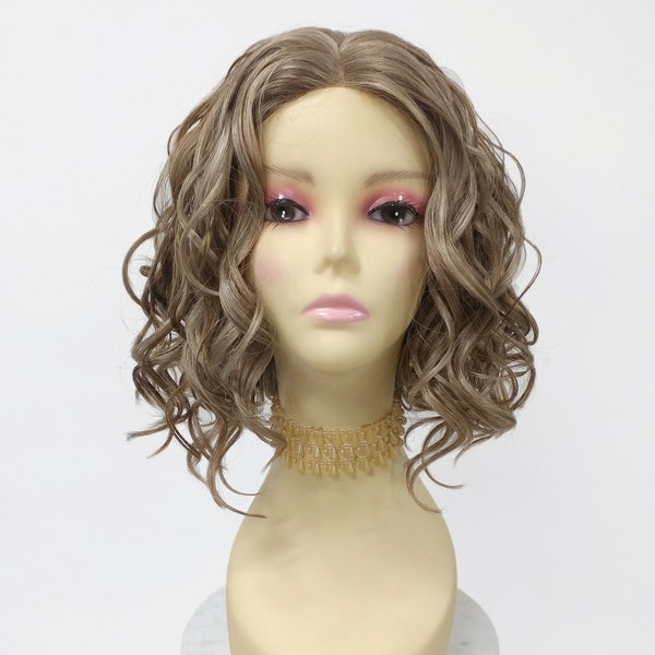 10 Inch Lace Front Ash Dirty Blonde and Light Brown Short Wavy Heat Resistant Lace Center Part Wig [Christa-22/14]