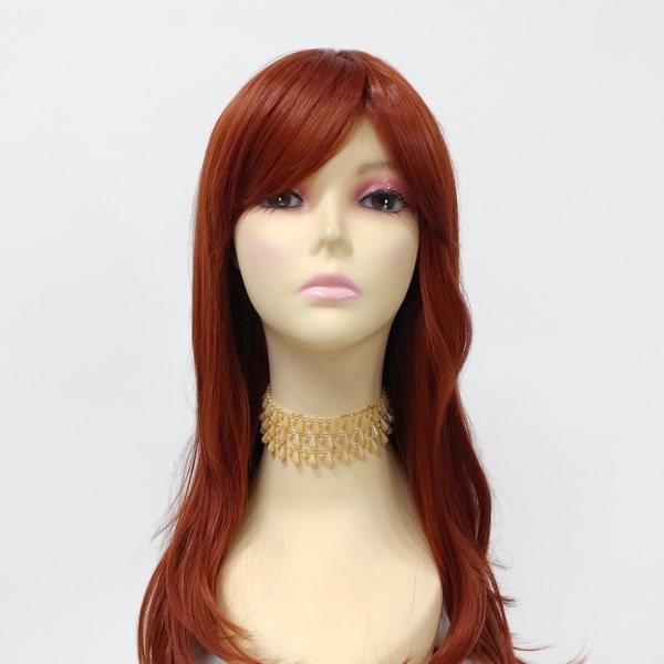 24 Inch Bright Auburn Long Straight Wig with Bangs. Heat Resistant Partial Skin Top Wig. [156-762-Krystal-350]