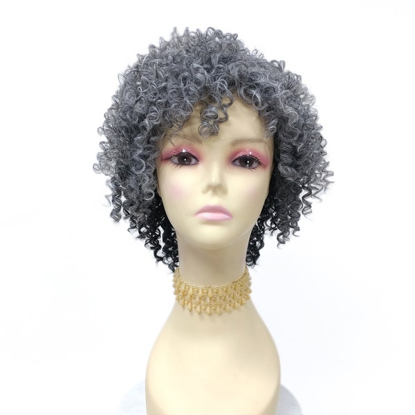 Salt And Pepper Gray and Black Short Curly Tight Corkscrew Curls Layered Synthetic 9 Inch Wig [Brina-3T44A]