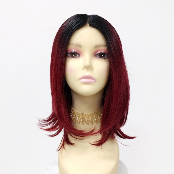 14 Inch Lace Front Long Straight Texturized Red Wine with Dark Roots Lace Center Part Heat Resistant Wig [Nika-TTRWine]