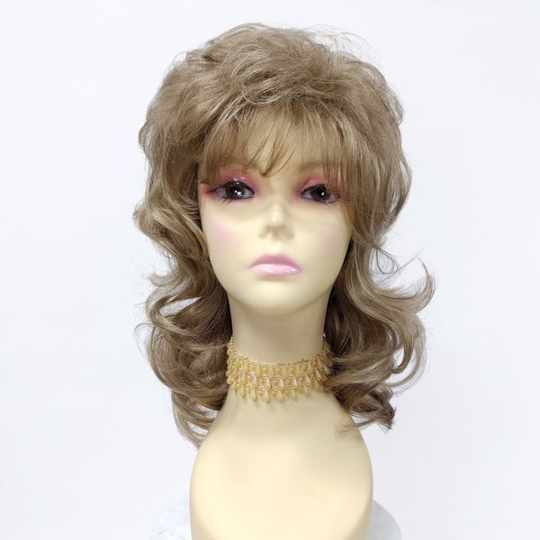 12 Inch Light Ash Brown Gold Blonde Mix Wavy Layered Synthetic Fashion Wig with Bangs [128-607-Viola-14/24]