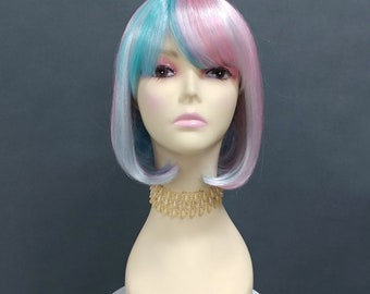 Pink White Blue Pastel Rainbow Synthetic Fashion Wig Short Straight Bob Pageboy Bangs 9 Inch [Candy-Prism]
