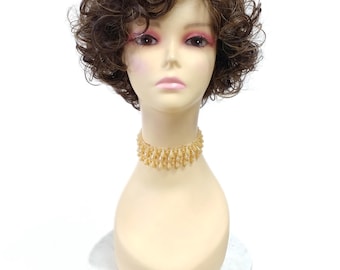 Short Curly Bob Wig Medium Brown and Blonde Lightweight Layered Retro [Krissy-6/8/12F]