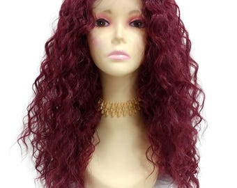 レースフロント 13x4 ワインレッド ロング ウェーブ カール 耐熱ウィッグ 27インチ [Mariya-WineRed]