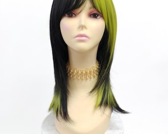 Black and Dusky Lime Green Heat Resistant Wig Two Tone Long Straight Bangs Costume Cosplay 17 Inch [Roxy-Venom]