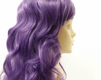 Long 25 inch Wavy Dark Purple Color Wig with Bangs. Anime Cosplay Costume Wig. [80-420B-Serena-DPurple]