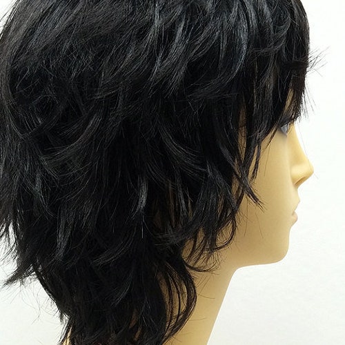 Short Layered Wind Blown Shag Style Off Black Cosplay Wig. [11-61-Blsh-1B]
