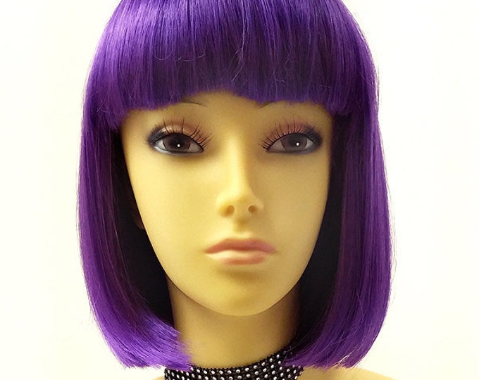 Purple Short Bob Wig Straight W/ Bangs. Page Boy Wig. Hit Girl Style