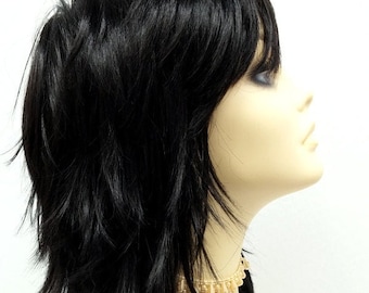 12 inch Off Black Shag Style Wig. Straight and Layered w/ Bangs. Anime Cosplay Wig. [12-74-Cosmic-1B]