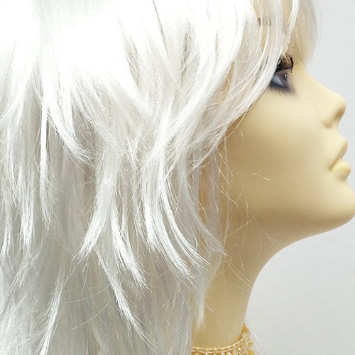 12 inch White Shag Style Wig. Straight and Layered w/ Bangs. Anime Cosplay Wig. [12-77-Cosmic-White]