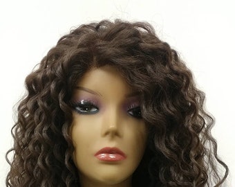 24 Inch Lace Front Dark Brown Long Curly Voluminous Water Waves Heat Resistant Free Part Wig. [137-663-Sari-4]