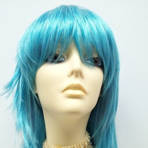12 inch Sky Blue Straight Layered Shag Wig with Bangs Anime Costume Cosplay Wig [Cosmic-LBlue]