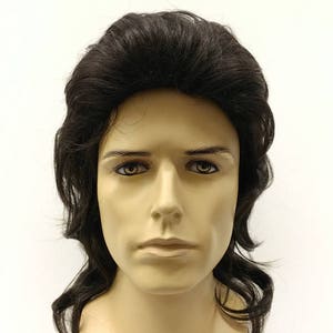 Mens Darkest Brown Wavy Long Wig. 80s Style Mullet Brushed Back Costume Cosplay Wig [128-599-Mel-2]