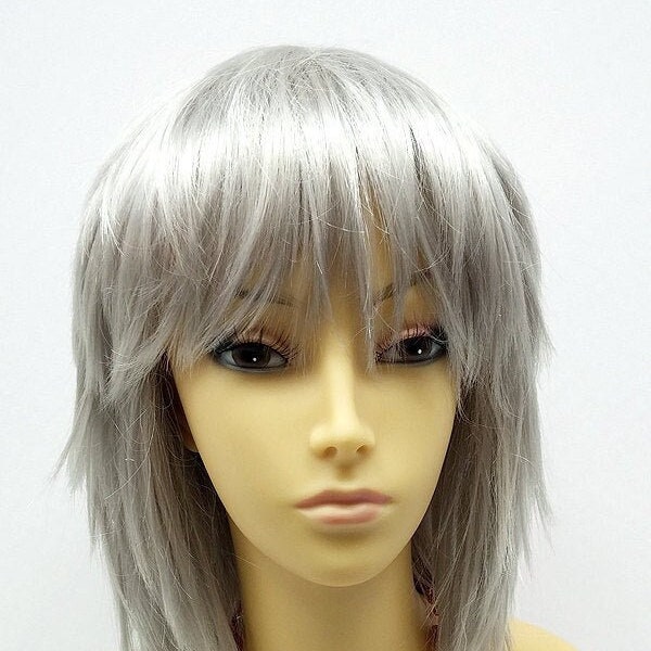 12 inch Silver Grey Shag Style Straight and Layered with Bangs Cosplay Wig [12-78-Cosmic-Silver]