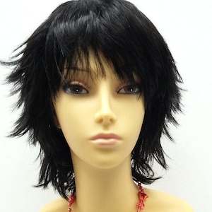 Short Layered Wind Blown Shag Style Off Black Costume Anime Cosplay Wig [11-61-Blsh-1B]