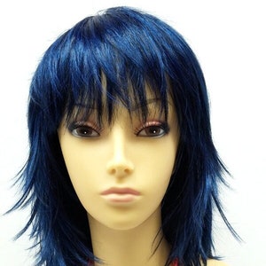 12 inch Midnight Dark Blue Shag Style Straight and Layered with Bangs Cosplay Wig [12-82-Cosmic-MBlue]