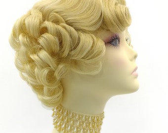 50's Style Butterscotch Blonde Short Glam Pin Curls Heat Resistant Wig. Retro Vintage Style Curly Wig [01-8A-HTMarilyn-LG26]