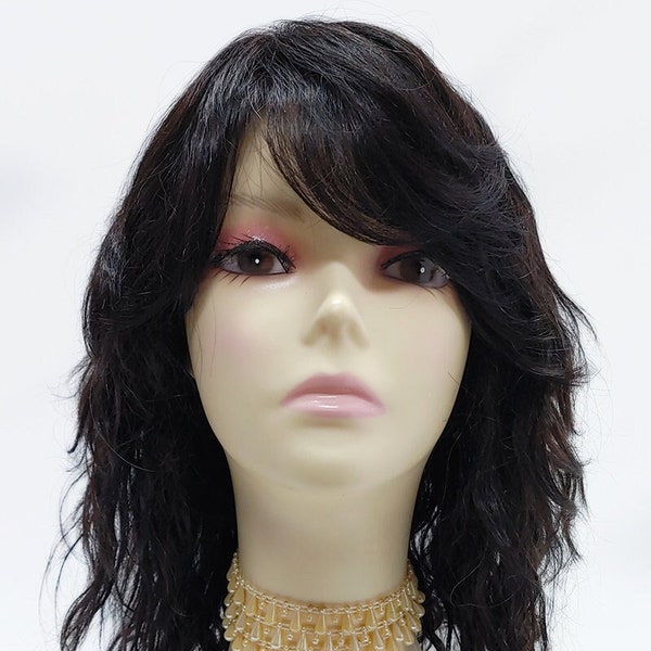 100% Human Hair 16 inch Partial Side Skin Part Off-Black Wavy Wig with Bangs [116-561D-Demi-1B]