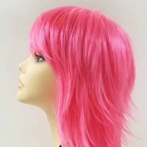 12 inch Hot Pink Shag Style Wig. Straight and Layered w/ Bangs. Anime Costume Cosplay Wig. [12-84-Cosmic-HPink]