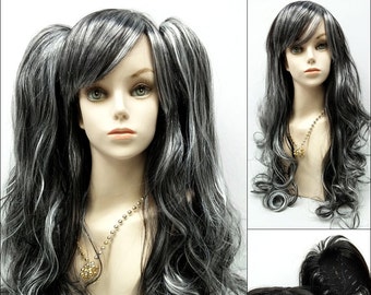 Peluca larga de 30 pulgadas, estilo Lolita, color blanco y negro. Peluca de moda Harajuku. [23-156-Lolita-Blanco/Negro]