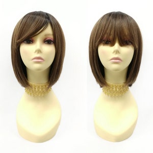 11 inch Heat Resistant Dark and Light Brown Mix with Dark Roots Straight Bob Wig with Bangs [70-358-Katie-TTM6/27]