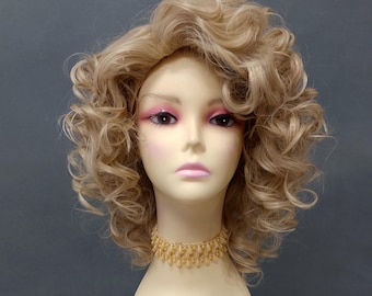 Curly Layered Medium Dirty Blonde Heat Resistant Loose Curls Synthetic Retro Costume Wig 12 Inch [Carlotta-24]
